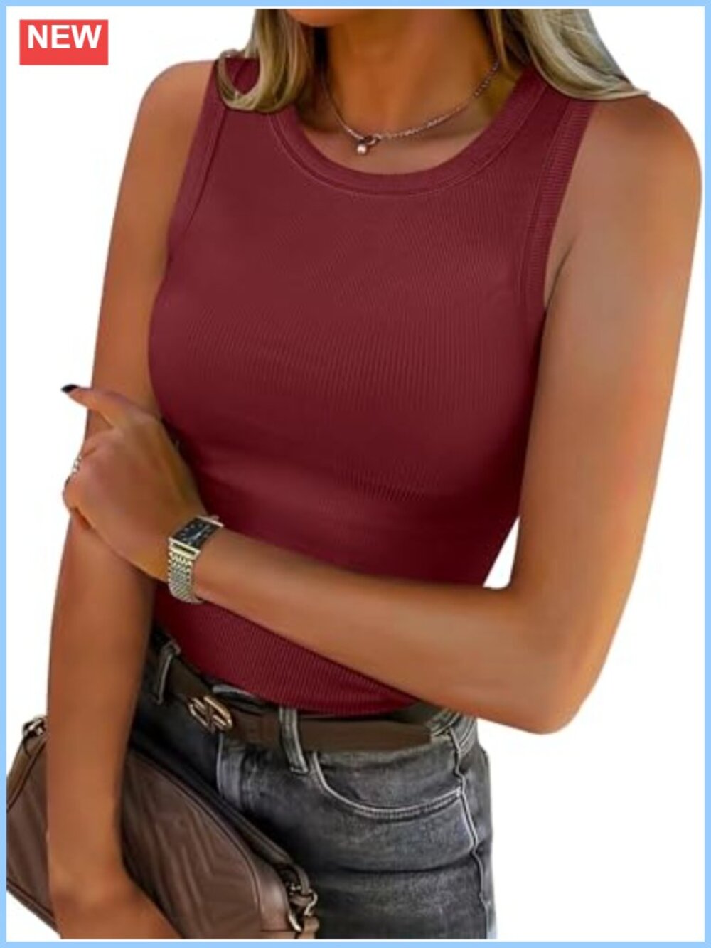 Women's Sleeveless Ribbed Tank Top High Neck Racerback Slim Fit Casual